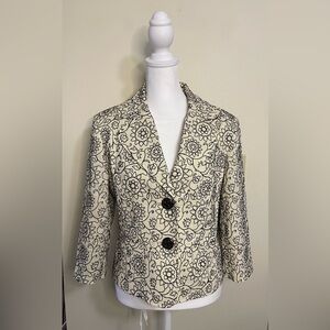 Work To Weekend Jacket Cream Black Floral Embroidery Linen Blend Lined size 6